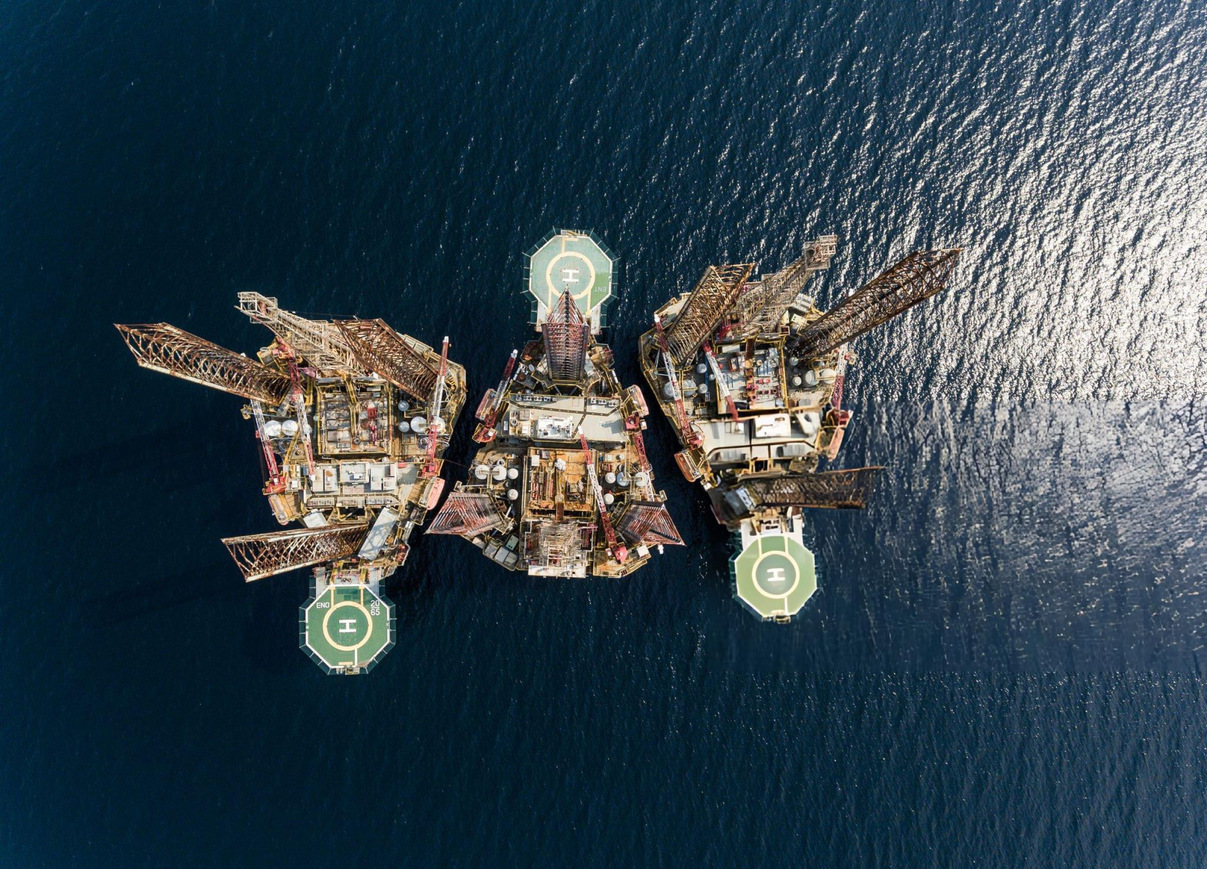 Aerial view of an offshore drilling platform in the Gulf of Guinea
