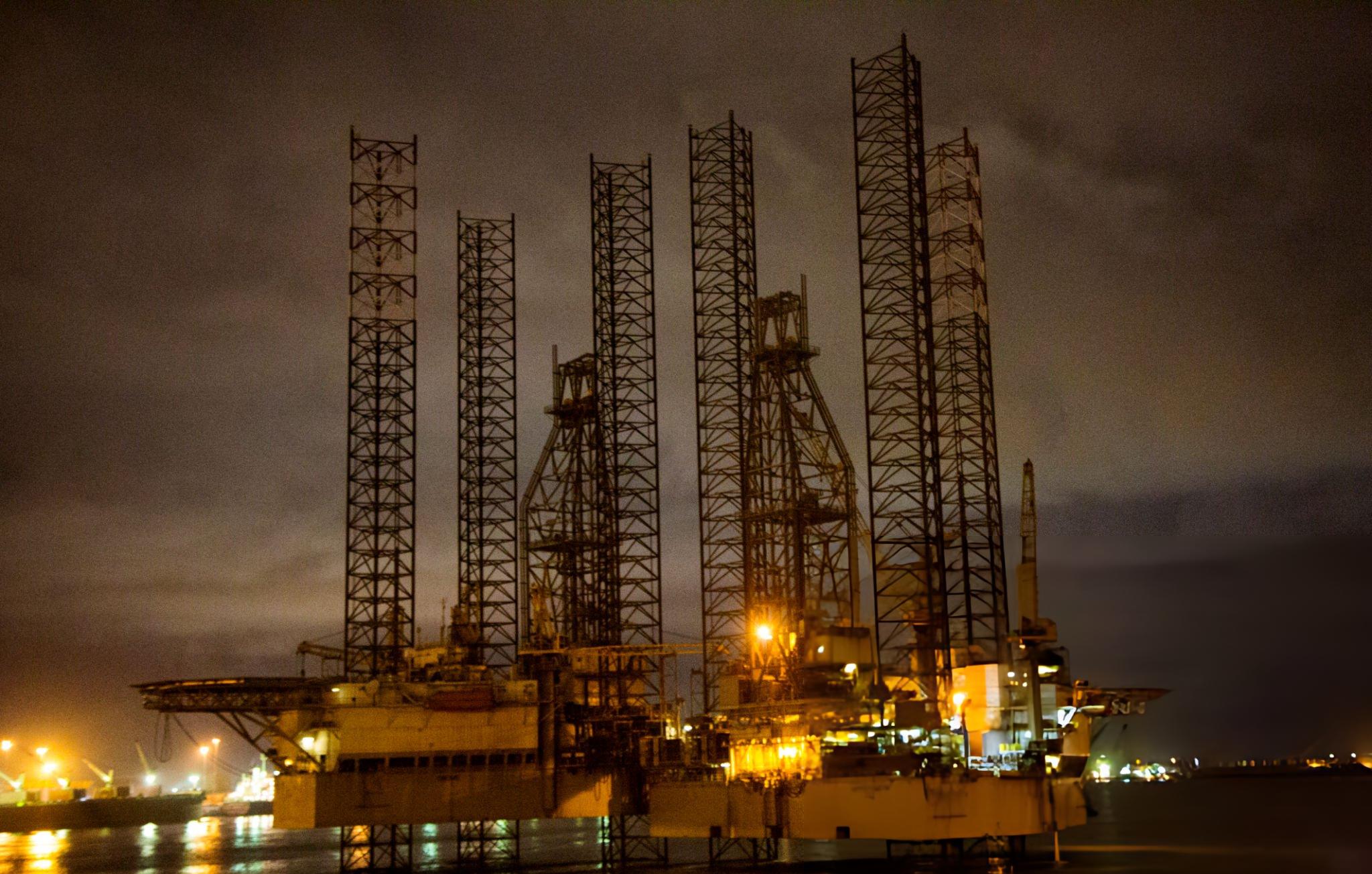 Offshore drilling rig at night in Lagos, Nigeria